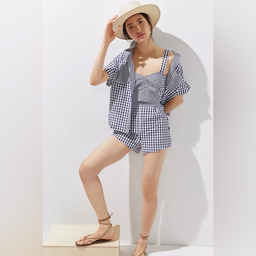 Anthropologie Three-Piece Maeve Gingham Short Set Navy Size 10